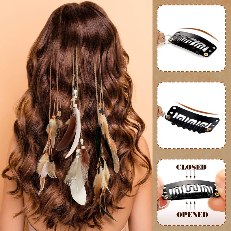 Geyoga 12 Pcs Feather Hair Clip Boho Hair Extensions with Feather Clip Comb Hippie DIY Accessories Hairpin Tribal Braided Beads Headdress for Women(Brown, Dark Brown,Stylish) - Image 5